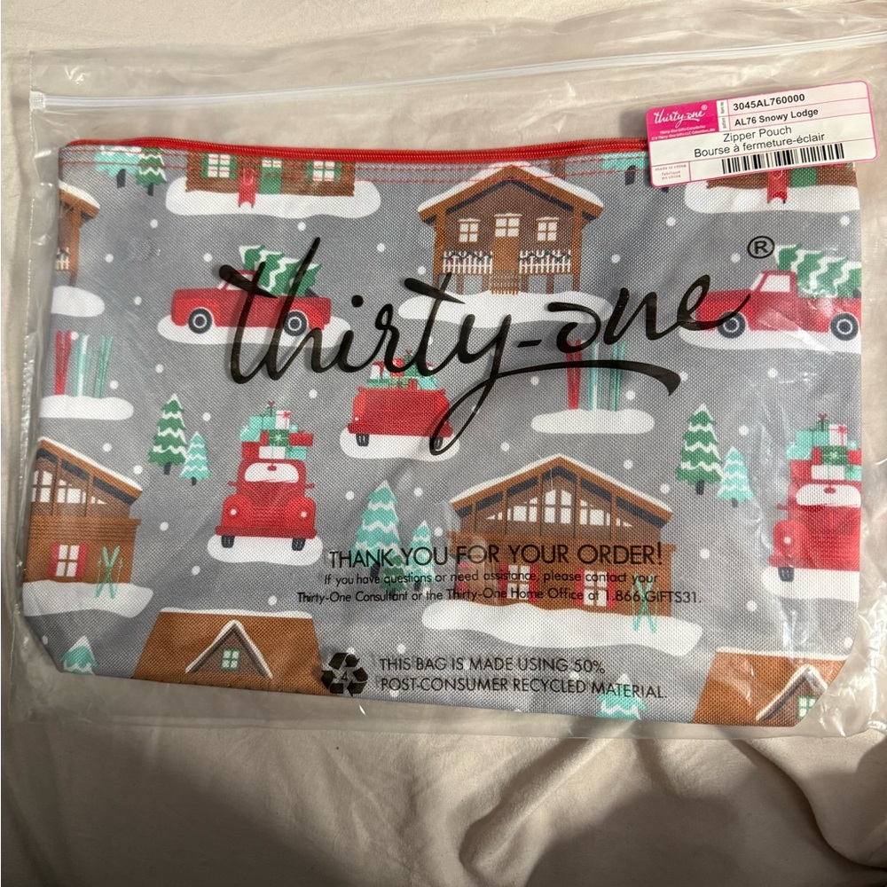 Thirty-One Festive Lodge Pouch with Red and Gray Accents